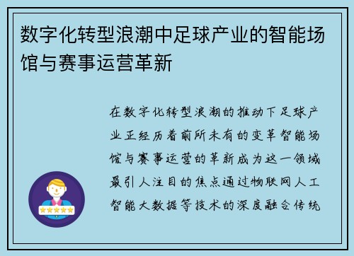 数字化转型浪潮中足球产业的智能场馆与赛事运营革新