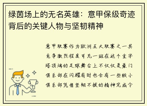 绿茵场上的无名英雄：意甲保级奇迹背后的关键人物与坚韧精神